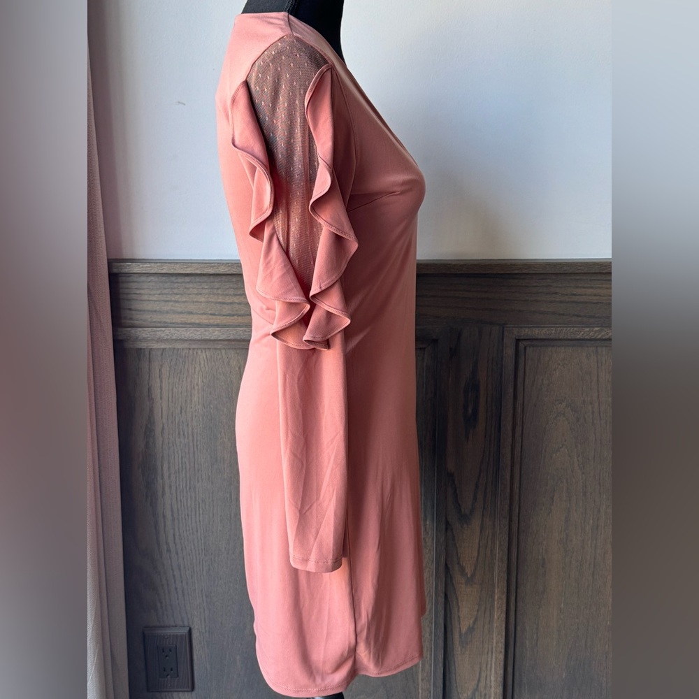 Express Long ruffle Sleeve Dusty Rose v neck bodycon Dress small - Picture 6 of 8